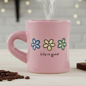 Life is Good Pink Coffee Mug Three Daisy Flowers Dual Sided Ceramic Cup Floral